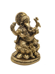 brass statue of ganesha with multiple hands sitting on a lotus with isolated on white background
