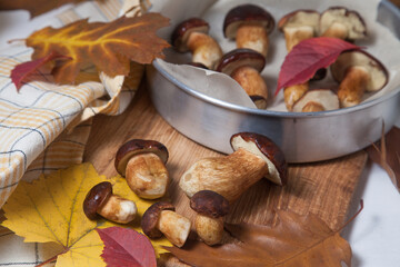 Several Imleria Badia or Boletus badius mushrooms commonly known as the bay bolete, vintage baking sheet with mushrooms on wooden cutting board..