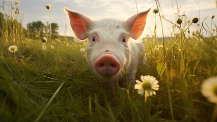 Photo of a pink pig living a happy life in nature