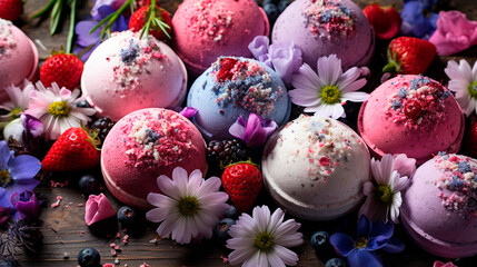Spa bath bombs with flowers. Selective focus.