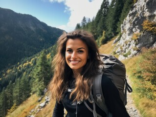 Naklejka premium A young woman enjoying a scenic hike along a mountainous trail surrounded by lush greenery on a sunny day