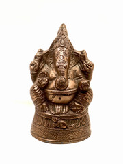 shiny brown copper sculpture of multi-handed lord ganesh with intricate details isolated in a white background