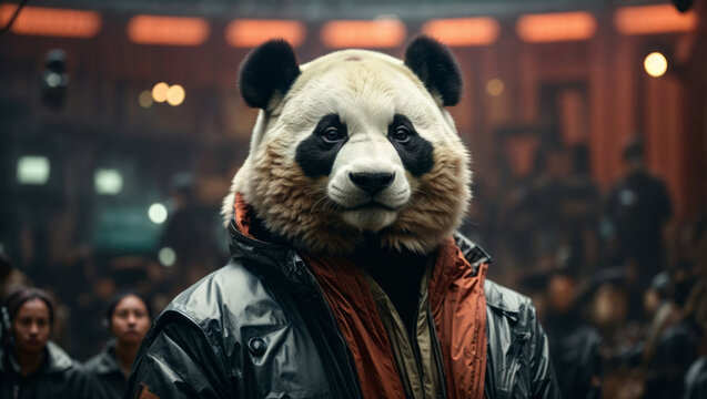 Photo of hipster panda guy in subway. Panda man character.
