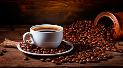 Fototapeta premium Cup of coffee and coffee beans. Selective focus.
