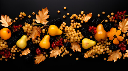 Obraz na płótnie Canvas Autumn leaves and fruits on a black background. Selective focus.
