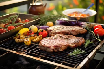outdoor cookout featuring grilled veal chops - obrazy, fototapety, plakaty