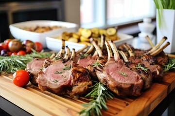 placing grilled veal chops on serving platter - obrazy, fototapety, plakaty