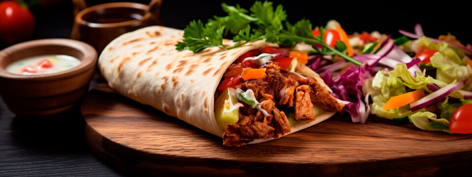 Shawarma with meat and vegetables on the table. Selective focus.
