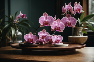 Indoor pink flower Orchid in a beautiful glass vase on a wooden table. Floral detail in interior design.