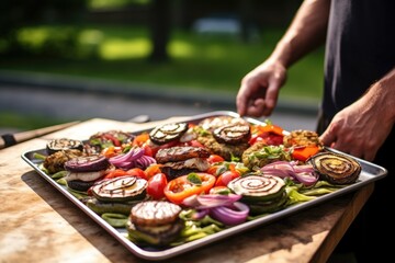a man places some grilled veggie burgers on a serving tray