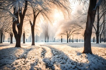 A beautiful city park with trees covered with hoarfrost