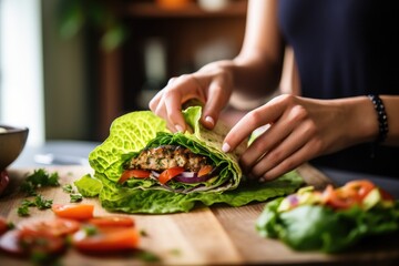 woman wraps a grilled veggie burger with fresh lettuce - obrazy, fototapety, plakaty