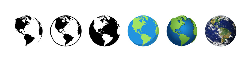 Earth Globes collection. Earth Globe in different designs. World Map in circle. World Map in modern styles. Earth Map, isolated. Globes web icon. Vector illustration