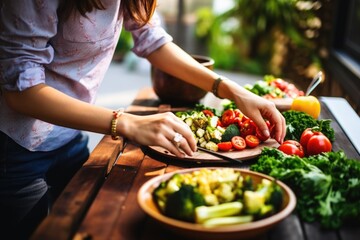 young woman preparing grilled vegetable salad