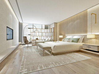 3d render. Modern hotel room interior scene.