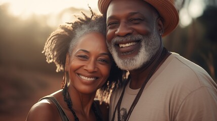 Portrait Mature African American old handsome and beauty couple travel outdoor - obrazy, fototapety, plakaty