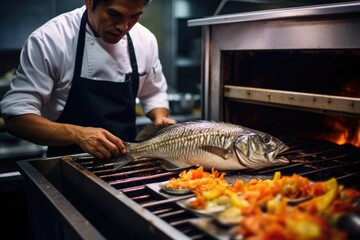 chef checking grilled fish for readiness