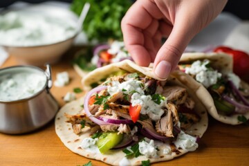 hands topping gyros with zingy tzatziki sauce