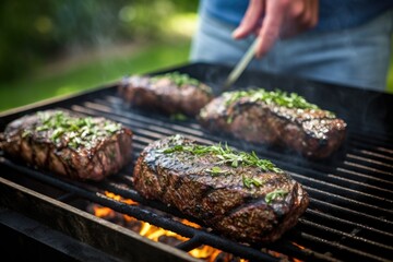 trio grilling herb-rubbed steaks at a backyard barbecue - obrazy, fototapety, plakaty