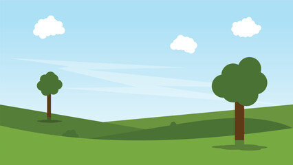 landscape cartoon scene with green field and white cloud in summer blue sky background
