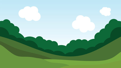 Fototapeta premium landscape cartoon scene with green field and white cloud in summer blue sky background
