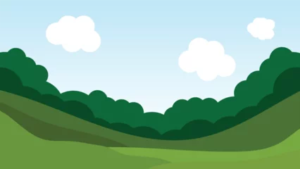 Poster landscape cartoon scene with green field and white cloud in summer blue sky background © piggu