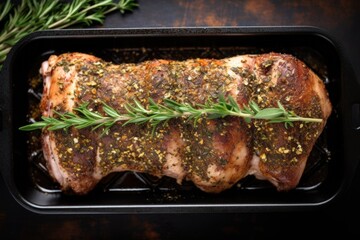 pork loin covered with herbs in a roasting pan