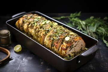 pork loin covered with herbs in a roasting pan