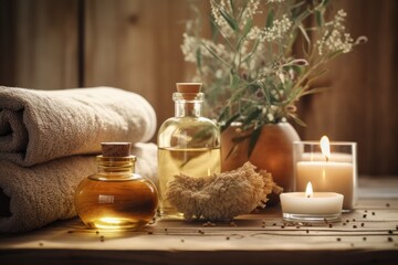 Aromatherapy and spa wellness concept with essential oils, candles, flowers and natural elements...