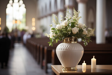 Marble vase with flowers. Funeral, Cemetery. Chapel in Sunny day, blurred background. Farewell