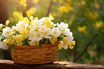 A bright spring bouquet of yellow and white flowers in a wooden basket, celebrating the beauty of nature.