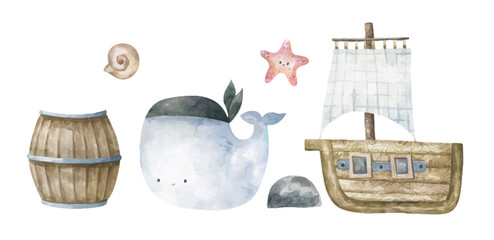 Marine collection with cute pirate whale and ship. Pirate wooden © Ilona