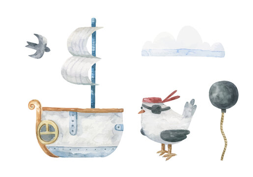 Set of seagull pirate and ship with sails. Marine set. Cute baby