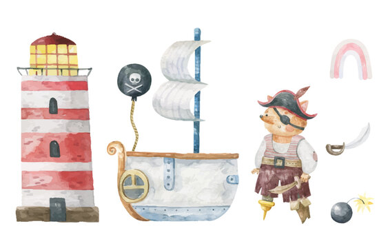 Pirate Collection. Fox pirate with a sword and a pirate ship. Ha