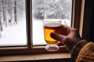 a hand holding a hot toddy against a snowy window
