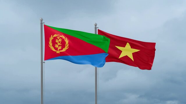 Vietnam and Eritrea flag waving together on cloudy sky, endless seamless loop