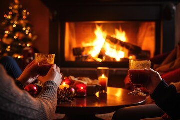 people enjoying hot toddy by a festive fireplace