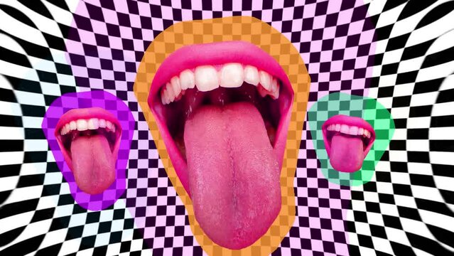 Open female mouth with tongue sticking out laughing over abstract background. Party time, humor, fun. Modern colorful design. Stop motion, animation. Concept of creativity, inspiration, surrealism