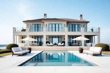 Fototapeta premium A luxurious mansion with a stunning pool, modern architecture, and beautiful outdoor spaces, perfect for relaxation.