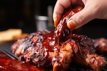 hand wiping bbq sauce off mouth after eating chicken wing - obrazy, fototapety, plakaty