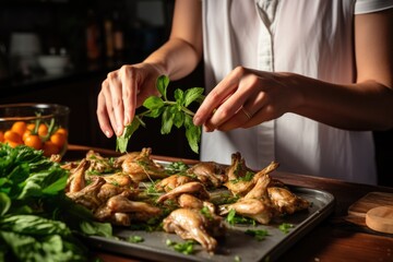 woman garnishing cooked chicken wings with fresh herbs