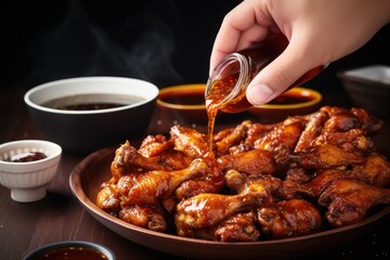 hands dipping chicken wing into honey bbq sauce - obrazy, fototapety, plakaty