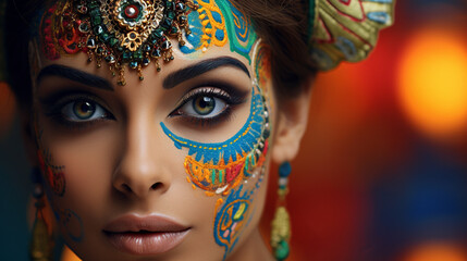 Bridal makeup with contemporary face painting, intricate details, shimmering colors, AI Generated