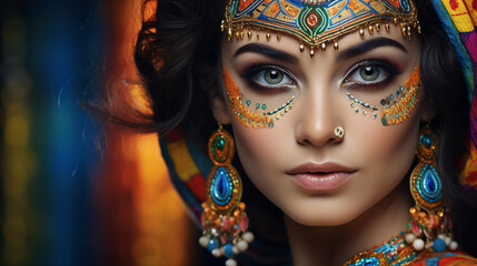 Bridal makeup with contemporary face painting, intricate details, shimmering colors, AI Generated