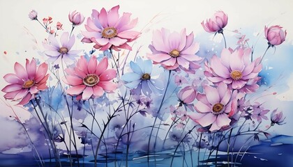 Beautiful colorful daisy flower garden on a white background. Generative AI watercolor wallpaper. 
