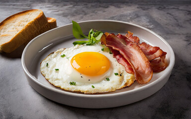 Fried egg with bacon and bread in a plate