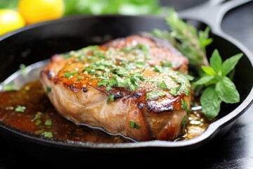 pan seared honey mustard pork chop topped with fresh herbs