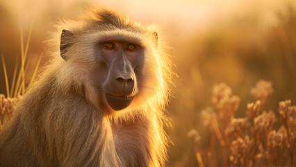 Photo of a baboon in the grasslands of Africa at sunset