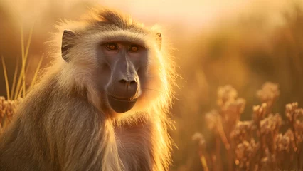 Poster Photo of a baboon in the grasslands of Africa at sunset © DY