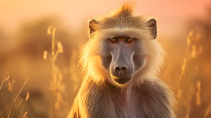 Photo of a baboon in the grasslands of Africa at sunset - obrazy, fototapety, plakaty